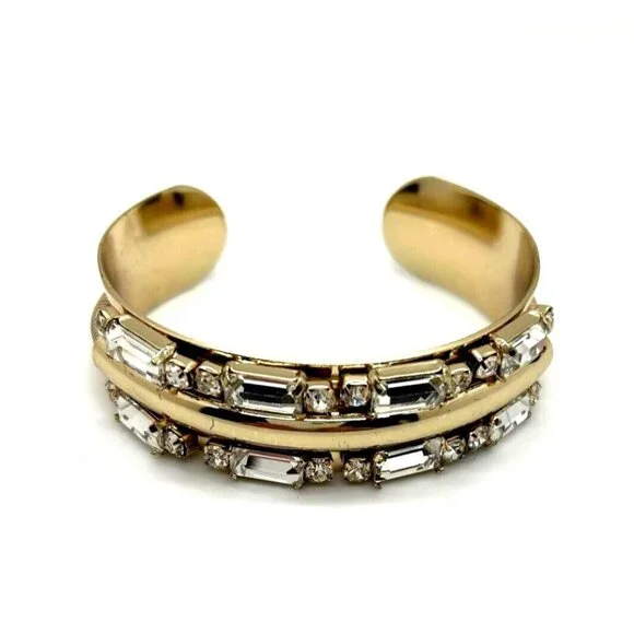 Gold-tone Cuff Bracelet Art Deco Style with Mirror Finish Crystal Baguettes - Picture 7 of 11